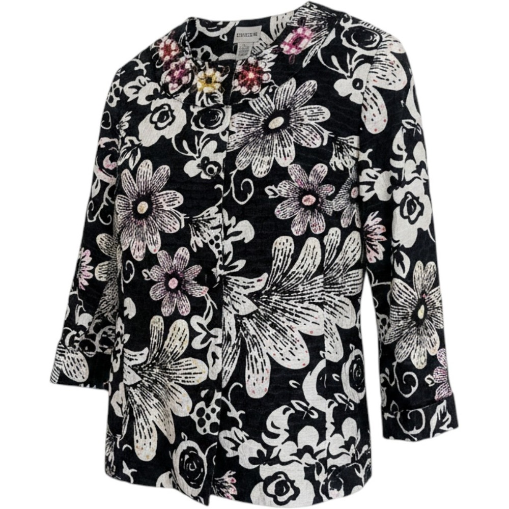 Chico's Versicolor Flower Flannery Statement Jacket 2 Black White Sequin NWT 2/L